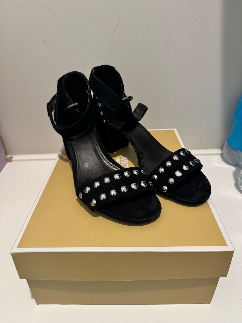 MICHAEL Michael Kors Lena Silver Studded Black Suede Heel Sandals